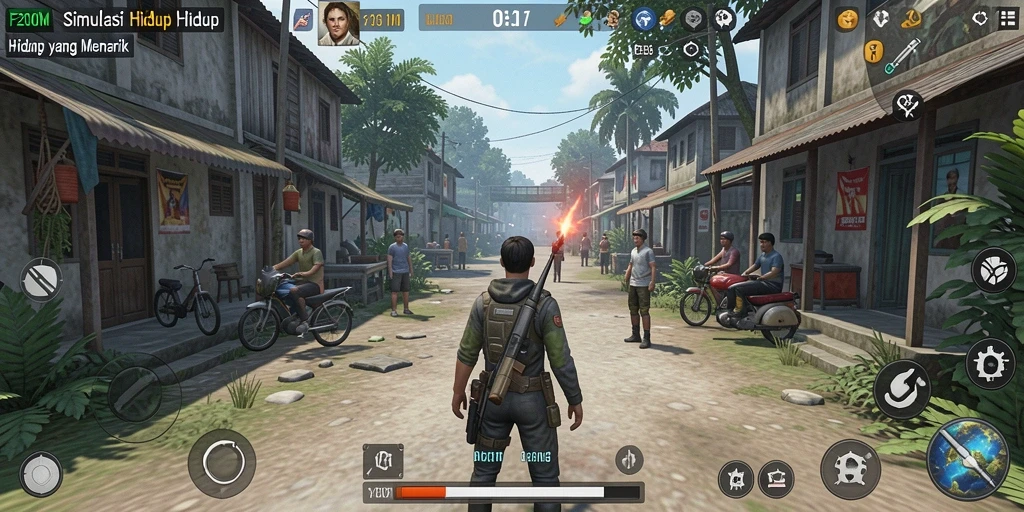 Tampilan gameplay utama F200M dengan karakter yang berinteraksi.